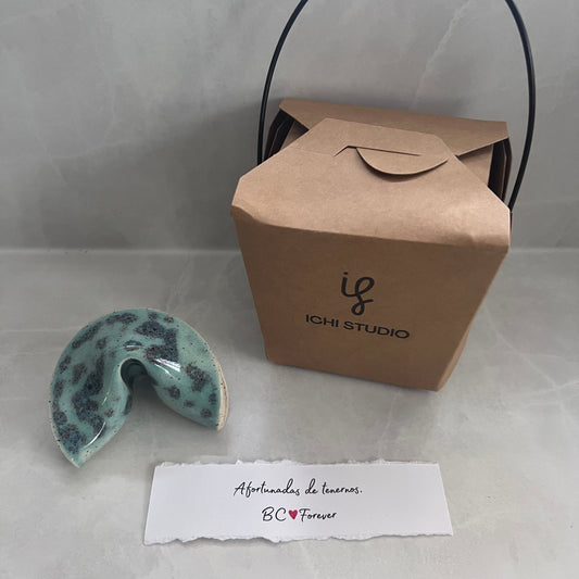 Ceramic fortune cookie with packaging
